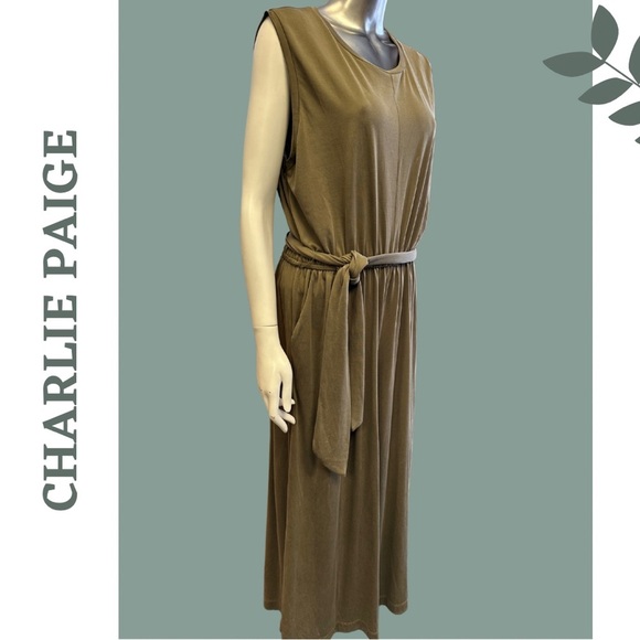 Charlie Paige Sleeveless Jumper Cropped Belt Khaki Green Size XL - Picture 3 of 11